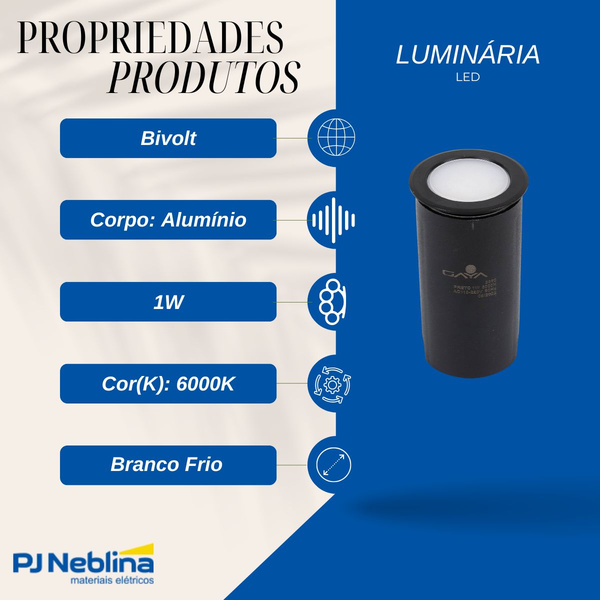 Luminária Solo Led Embutir Redondo Preto 1W Bivolt 6000K Branco Frio 70Lm Difusor Vidro - Gaya