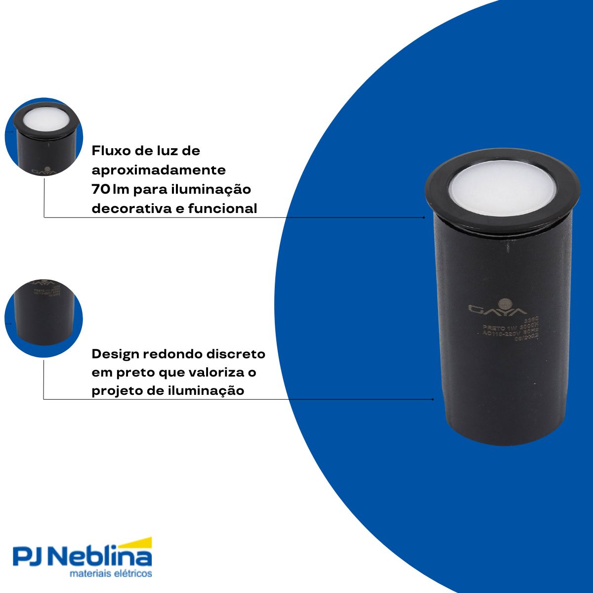 Luminária Solo Led Embutir Redondo Preto 1W Bivolt 6000K Branco Frio 70Lm Difusor Vidro - Gaya