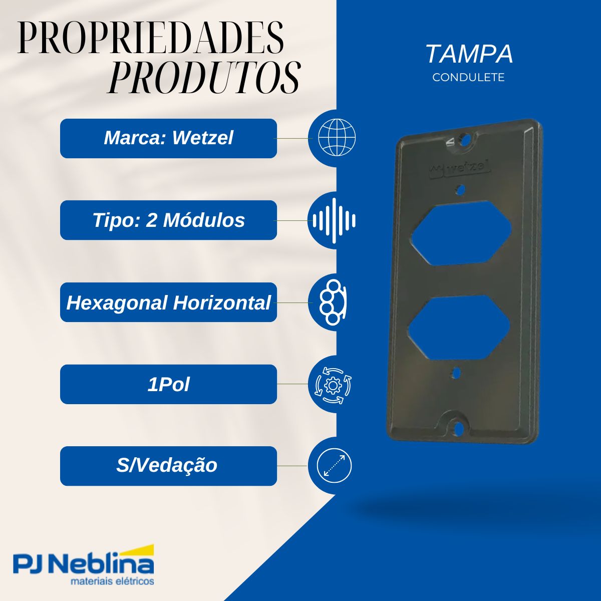Tampa Condulete 2 Modulo Hexagonal Horizontal Pvc 1Pol Cz S/Vedação - Wetzel