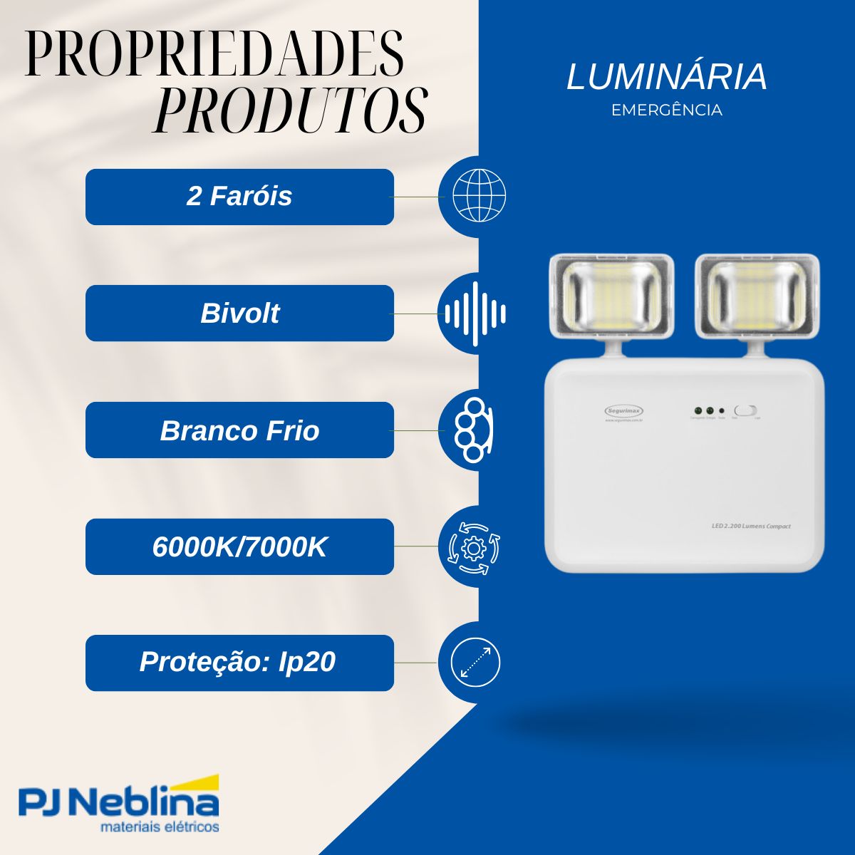 Luminária Emergência Led 2 Faróis Sobrepor Bivolt C/42 Leds 6000K/7000K Branco Frio 2200Lm 6H Ip20 - Segurimax