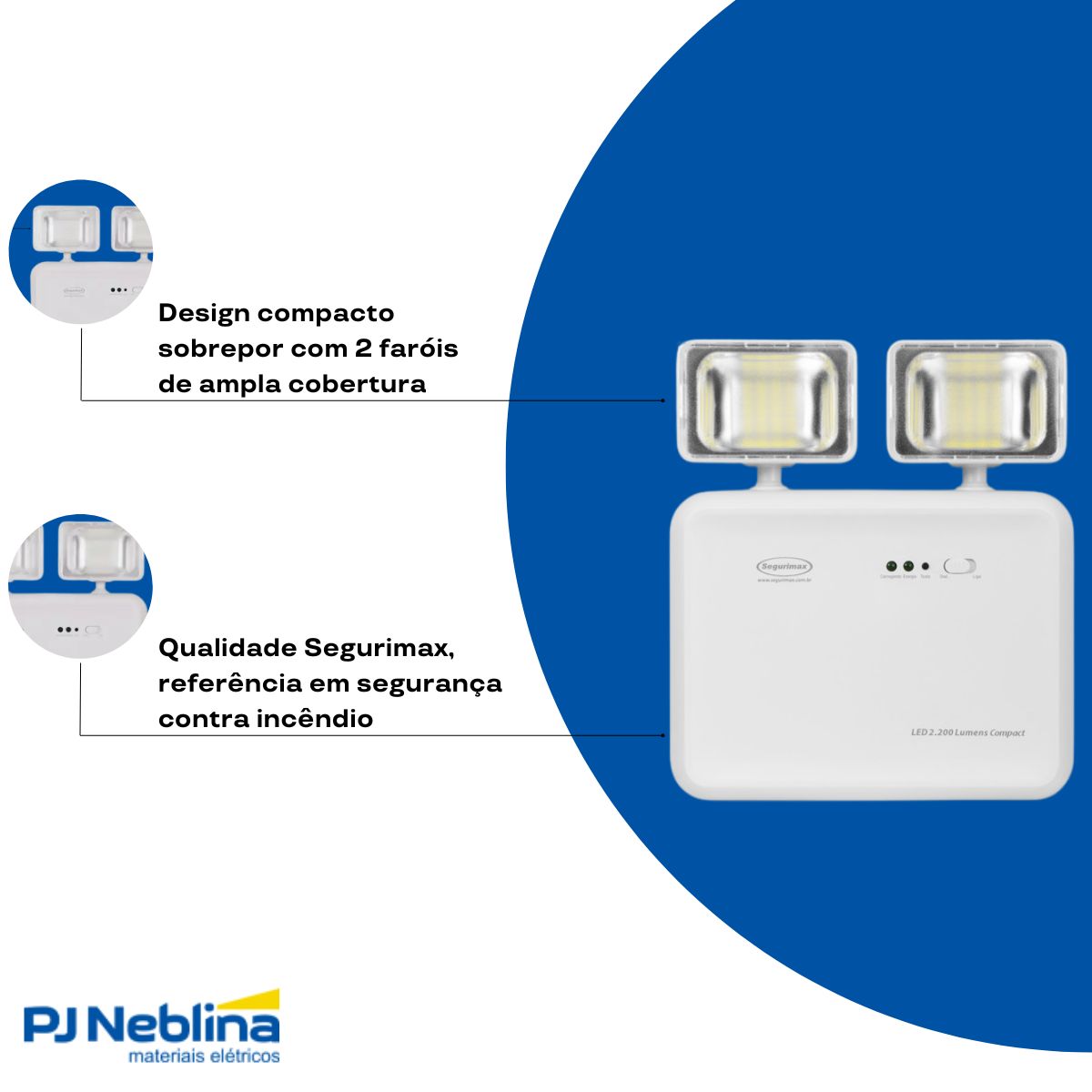 Luminária Emergência Led 2 Faróis Sobrepor Bivolt C/42 Leds 6000K/7000K Branco Frio 2200Lm 6H Ip20 - Segurimax