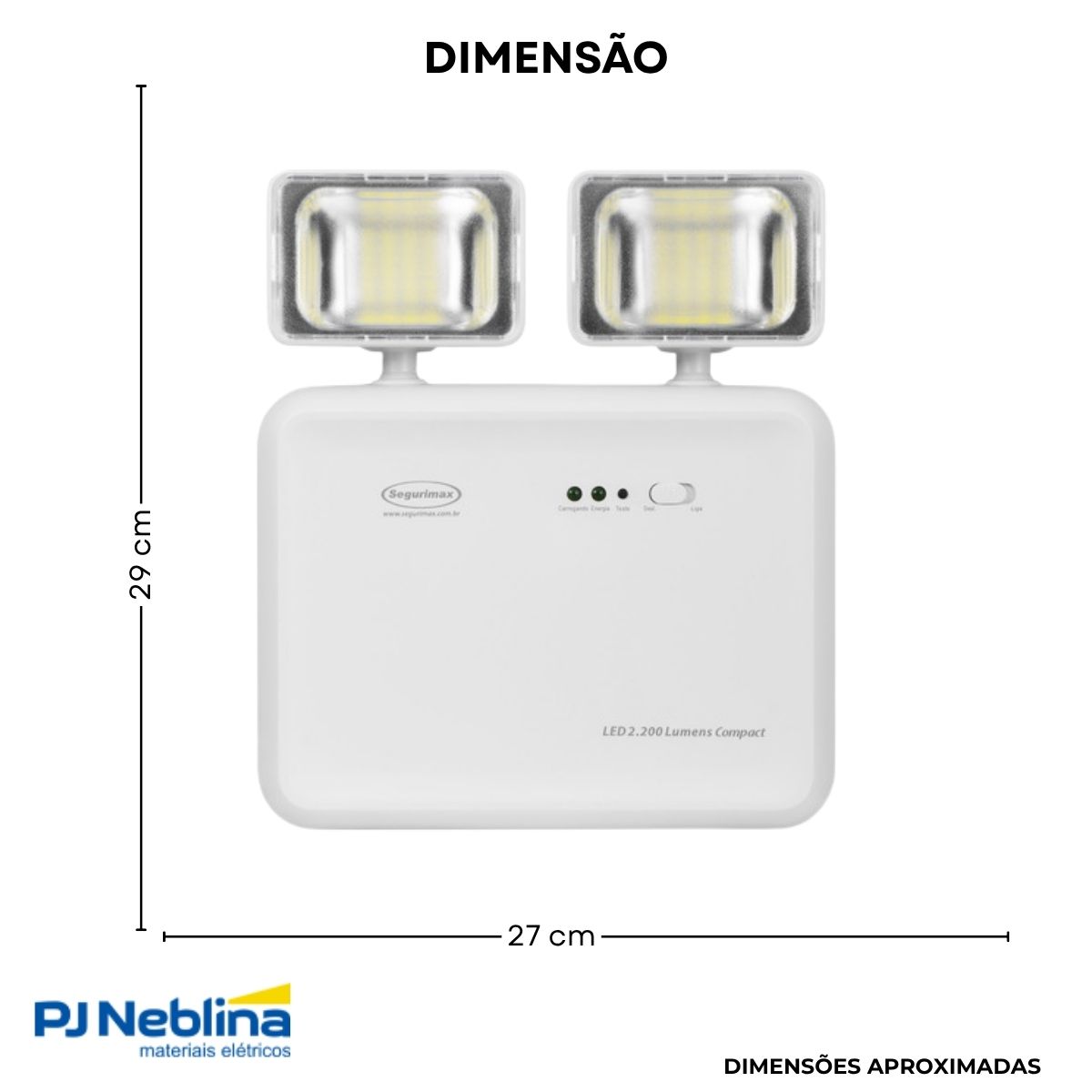 Luminária Emergência Led 2 Faróis Sobrepor Bivolt C/42 Leds 6000K/7000K Branco Frio 2200Lm 6H Ip20 - Segurimax