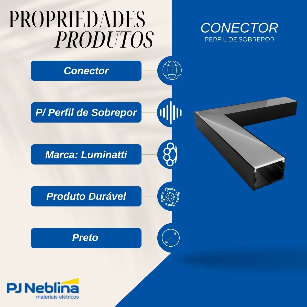 Conector P/ Perfil De Sobrepor 35Mmx25Mm Conexão Parede/Parede Preto Difusor Branco - Luminatti