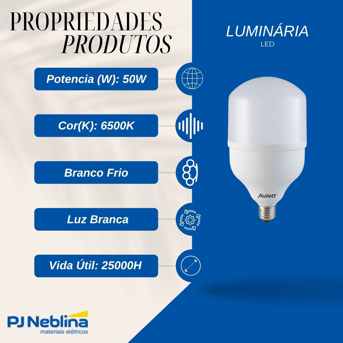 Lâmpada Led Bulbo Alta Potencia T 50W Bivolt E27 6500K Branco Frio Luz Branca 4000Lm - Avant