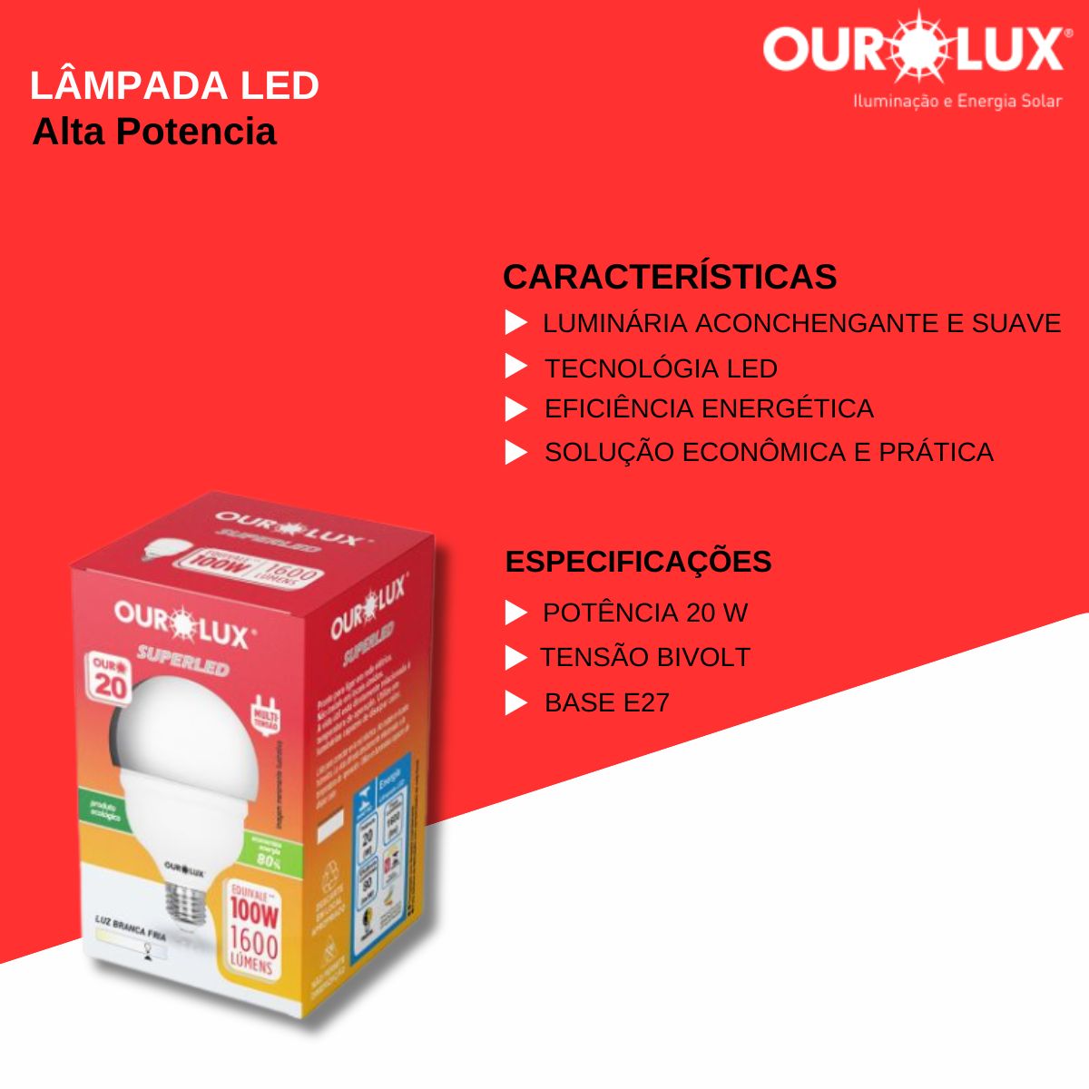 Lâmpada Led Bulbo T45 20W Bivolt 6500K Luz Branca - Ourolux