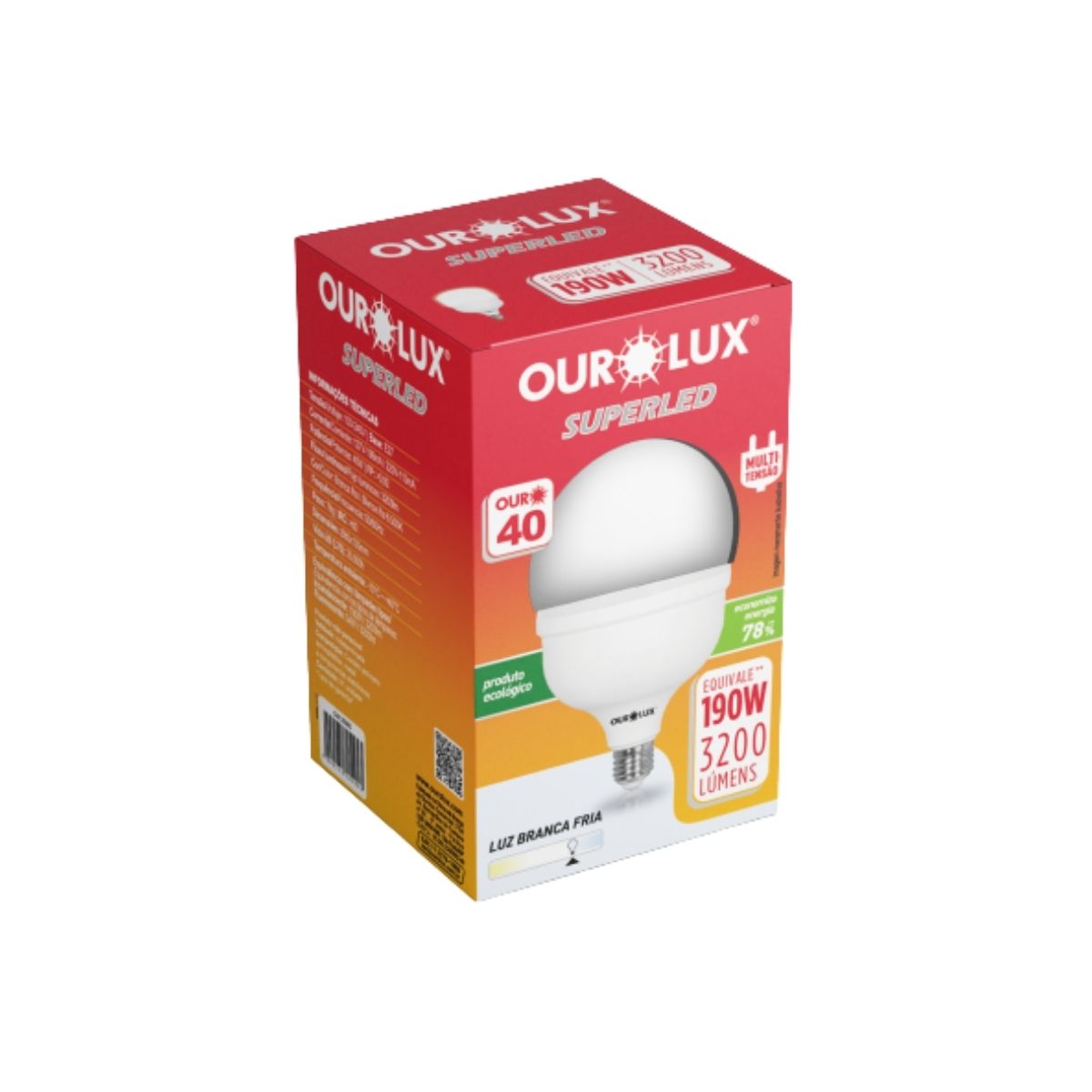 Lâmpada Led Bulbo Alta Potencia T 40W Bivolt E27 6500K Branco Frio Luz Branca 3200Lm - Ourolux