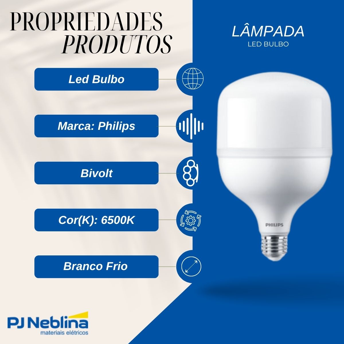 Lâmpada Led Bulbo Alta Potencia T 50W Bivolt E27 6500K Branco Frio Luz Branca 4000Lm - Philips