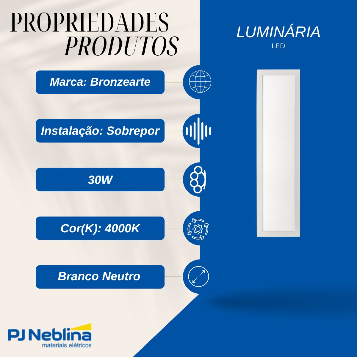 Luminária Painel Led Sobrepor Retangular Branco 30W Bivolt 4000K Branco Neutro 2400Lm Difusor Acrílico - Bronzearte