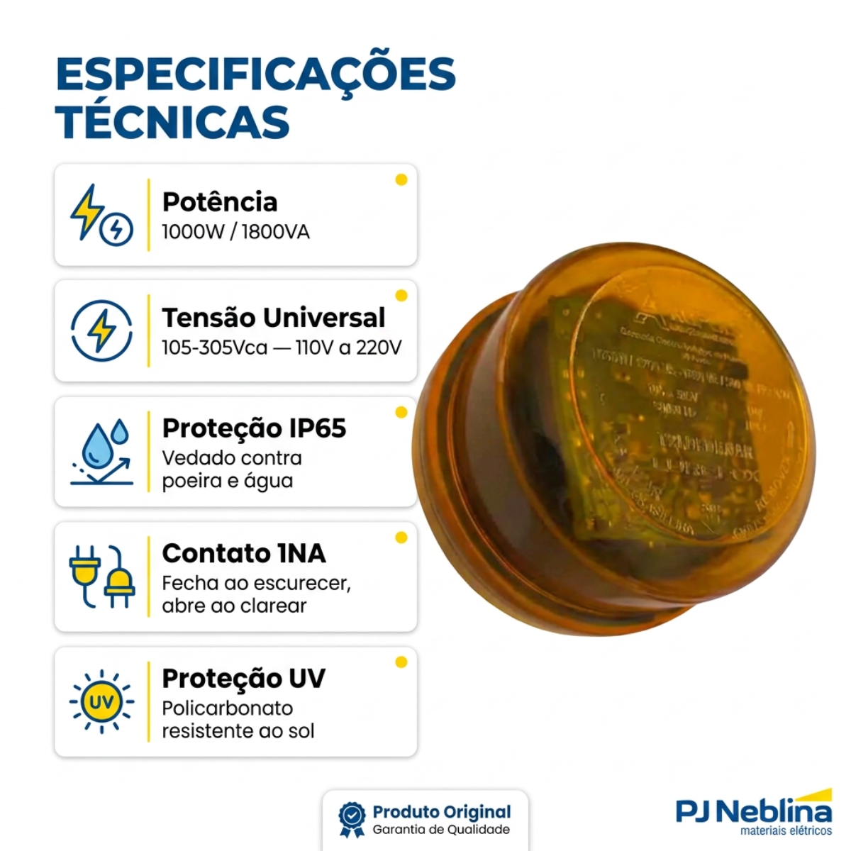 Rele Fotoelétrico Eletrônico 1000W 1Na 105-305V Laranja Embalagem Blister - Aliplast