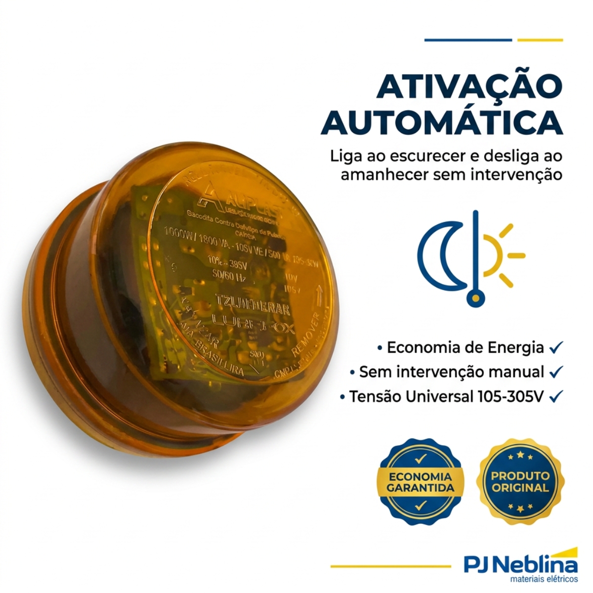 Rele Fotoelétrico Eletrônico 1000W 1Na 105-305V Laranja Embalagem Blister - Aliplast