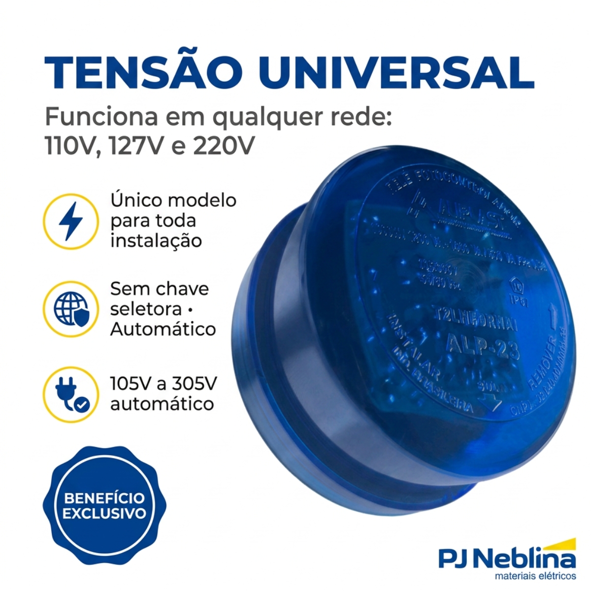 Rele Fotoelétrico Eletrônico 1800Va(1000W) 1Nf 105-305V Cabo Azul Embalagem Blister - Aliplast