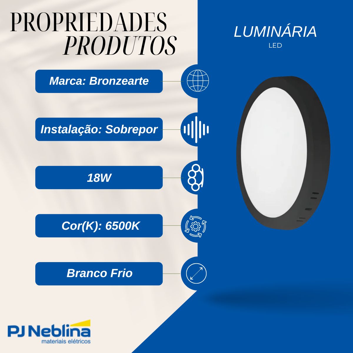 Luminária Painel Led Sobrepor Redondo Preto 18W Bivolt 6500K Branco Frio 1530Lm - Bronzearte