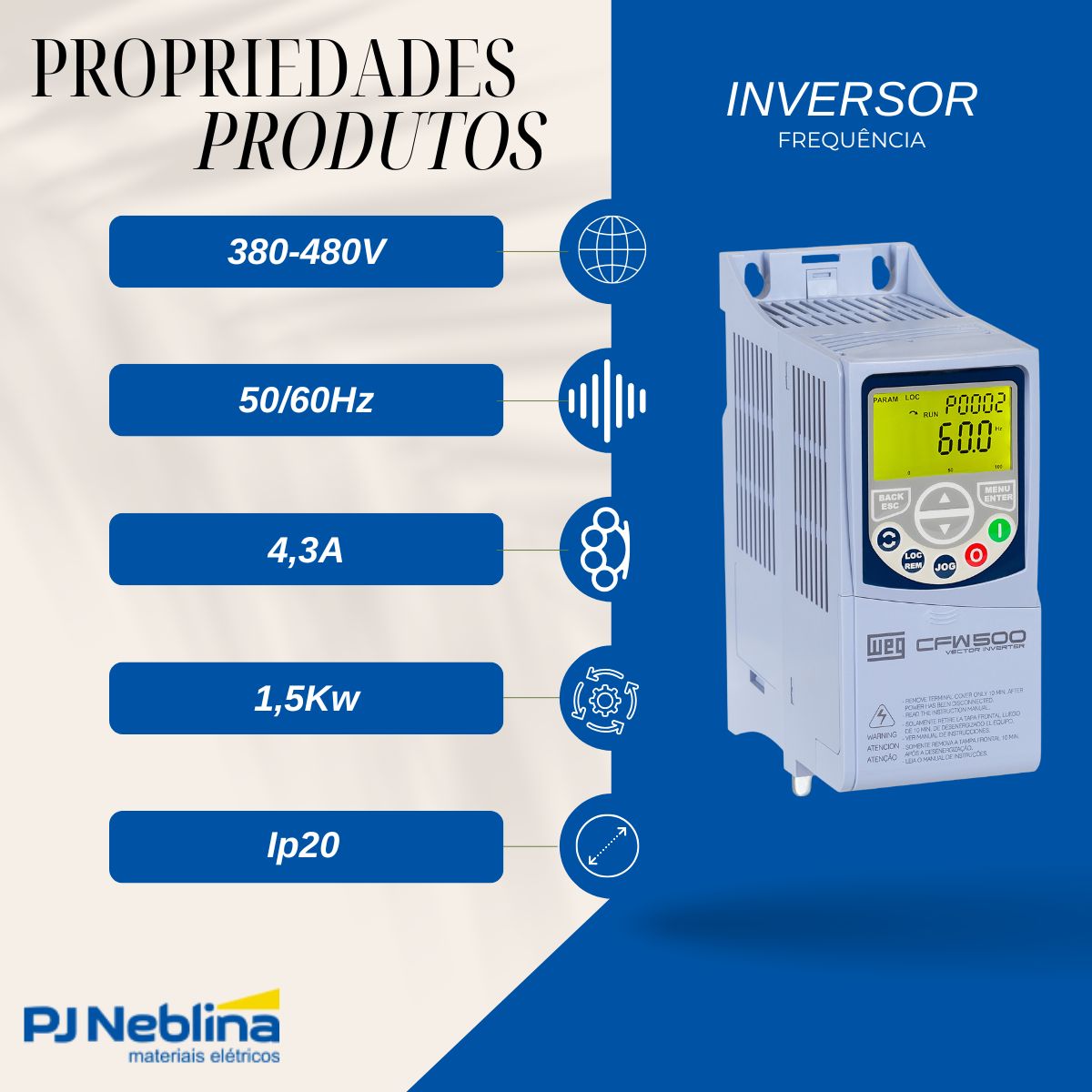 Inversor Frequência Trifásico 380-480V 50/60Hz 4,3A 1,5Kw - Weg