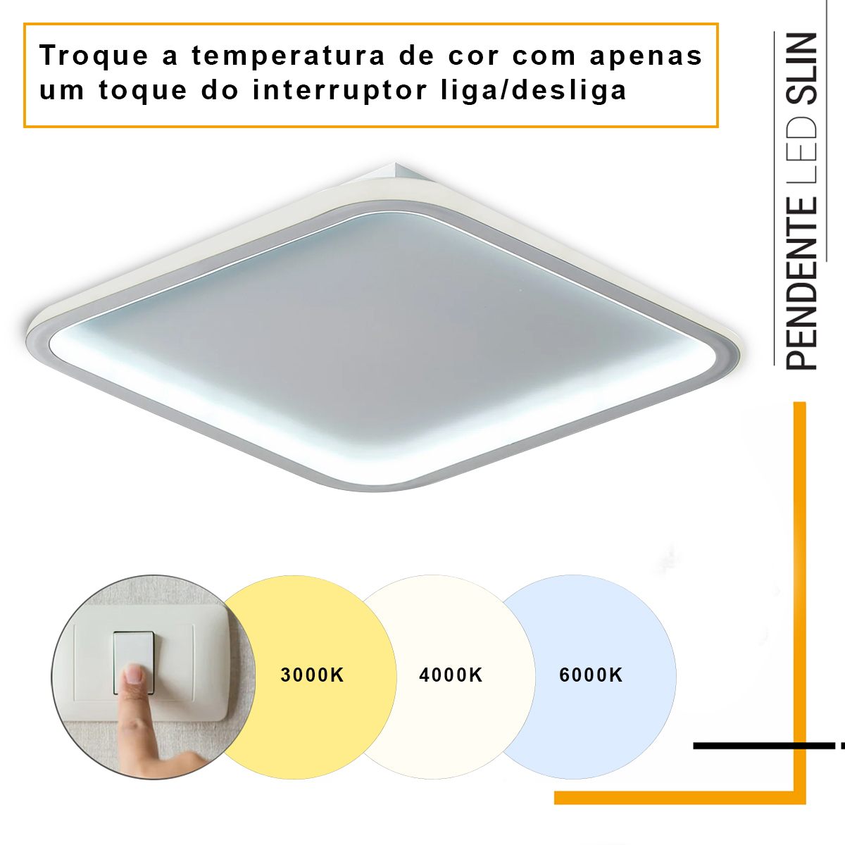 Luminária Plafon Led Sobrepor Slin Quadrado 60/120W Bivolt Luz Amarela/Neutra/Branca 3000/4000/6000K - Hevvy