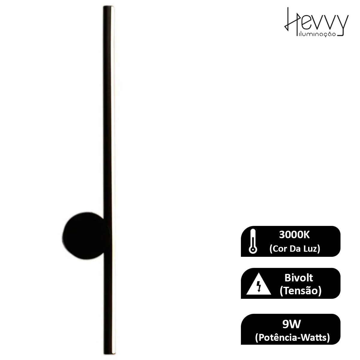 Luminária Arandela Led Choice Preto 9W Bivolt Luz Amarela 3000K 900Lm - Hevvy