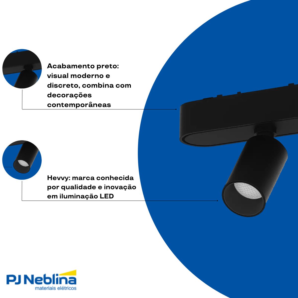 Luminária Spot Led Trilho Magnético Preto 5W 48V 3000K Branco Quente 400Lm - Hevvy