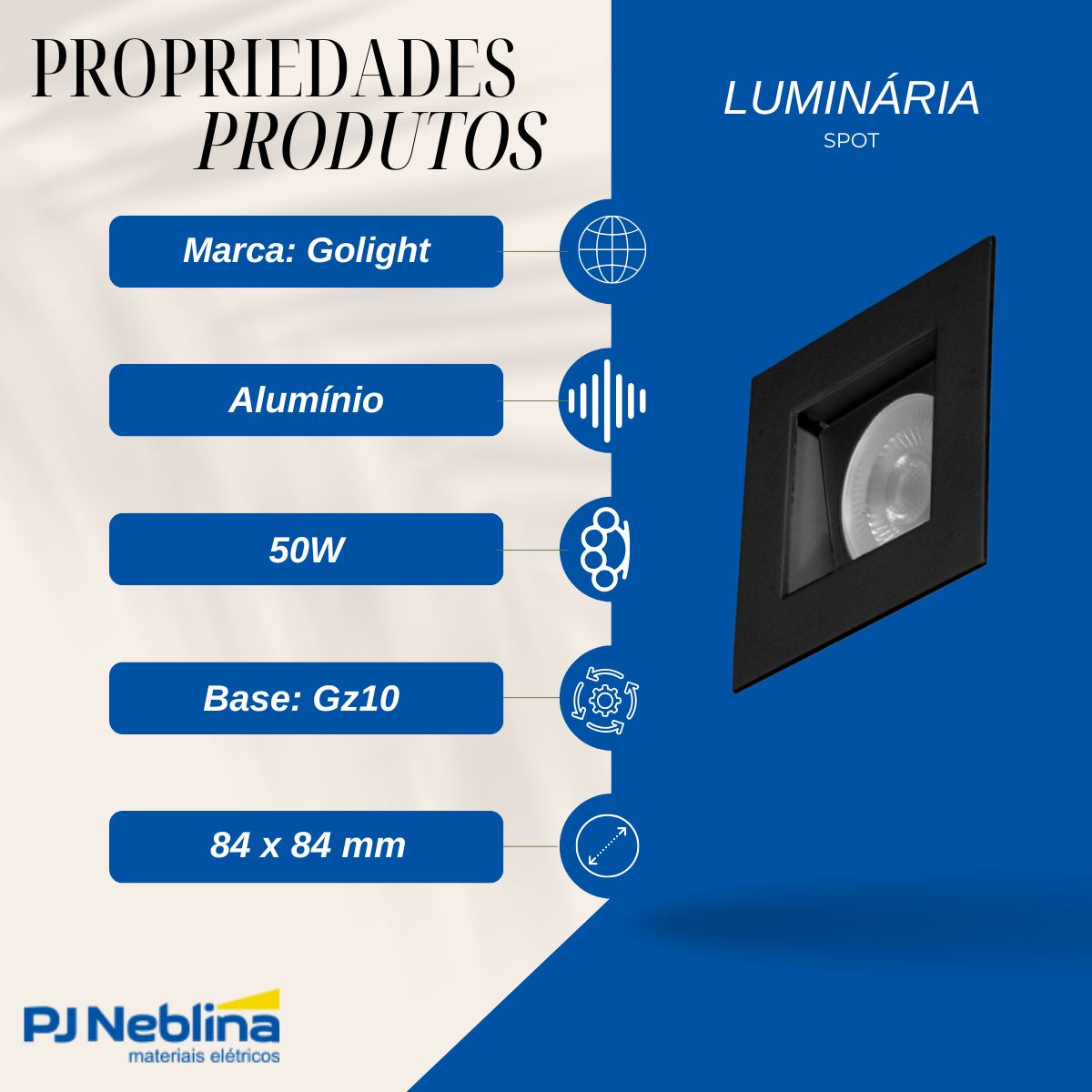 Luminária Spot Embutir Quadrado Preto P/Lâmpada Par16 50W Gz10 Foco Direcionável/Recuado - Golight