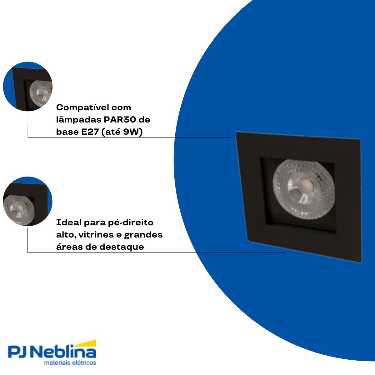 Luminária Spot Embutir Quadrado Preto P/Lâmpada Par30 9W E27 Bivolt Foco Direcionável/Recuado - Golight