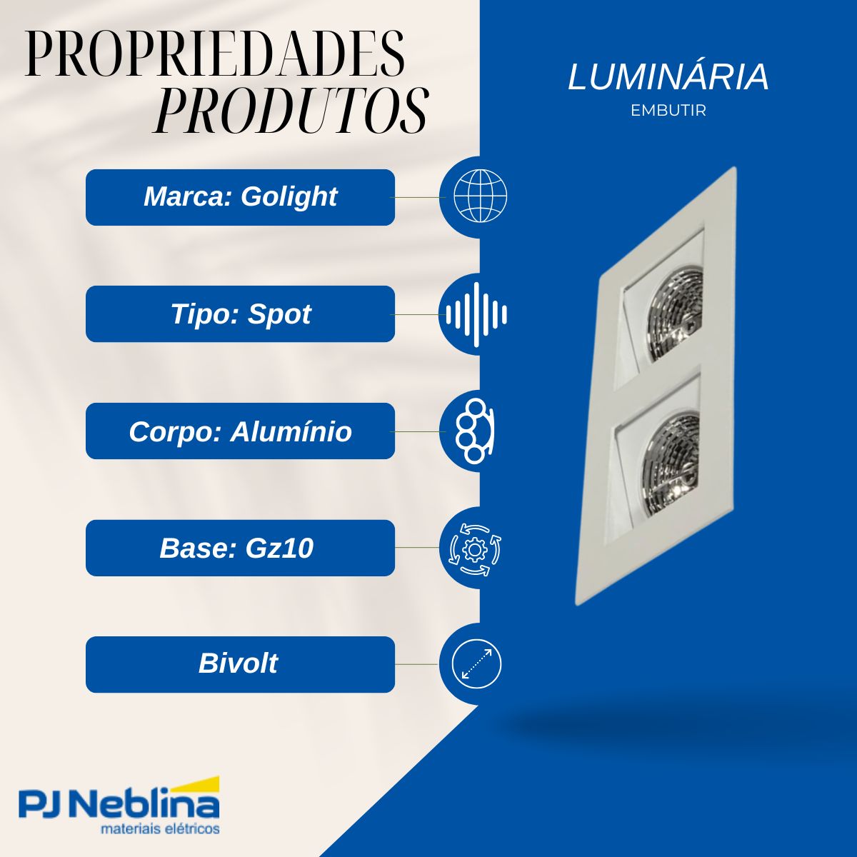 Luminária Spot Embutir Quadrado Preto P/Lâmpada Ar70 2X7W Gz10 Bivolt Foco Direcionável/Recuado - Golight