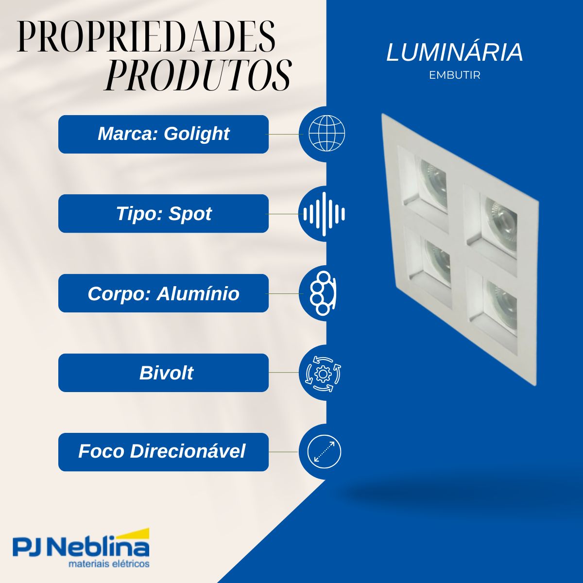 Luminária Spot Embutir Quadrado Branco P/Lâmpada Par16 4X7W Gz10 Bivolt Foco Direcionável/Recuado - Golight