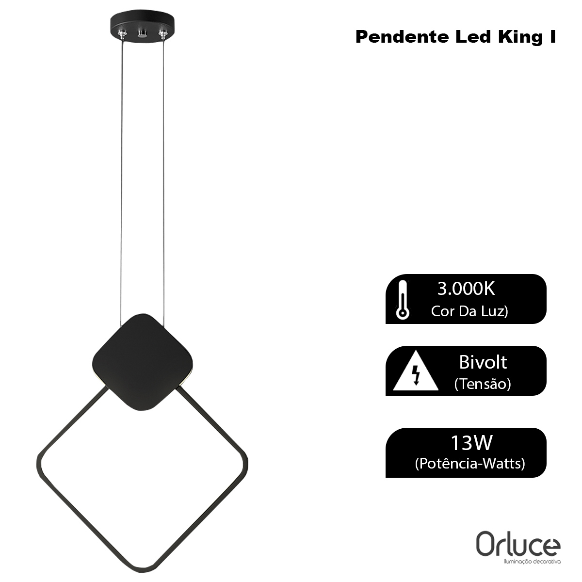 Luminária Pendente Led King I Preto 13W Bivolt Luz Amarela 3000K 27x24Cm OR1758 - Orluce
