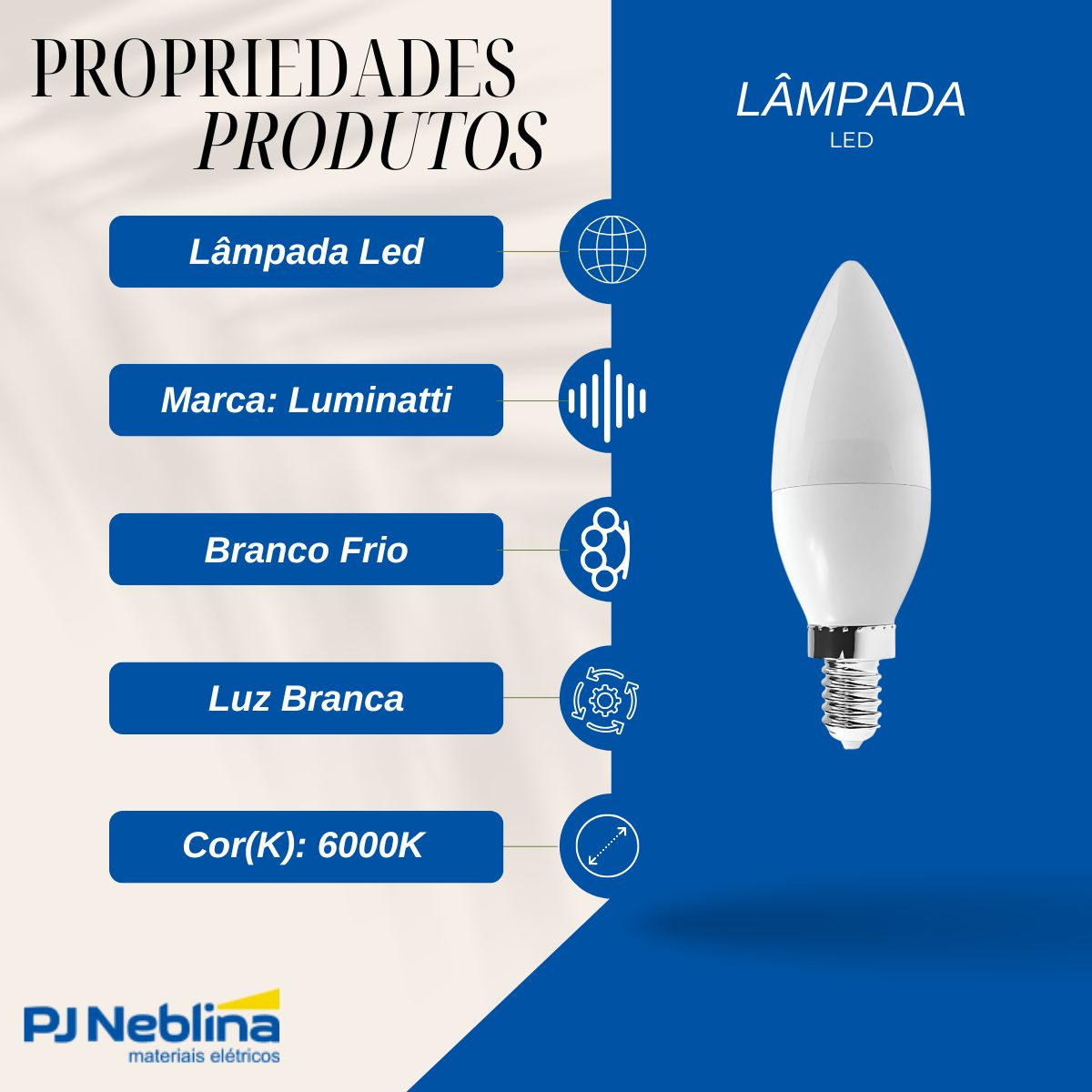 Lâmpada Led Vela Leitosa 6W Bivolt E14 6000K Branco Frio Luz Branca 400Lm C/Adaptador E14/E27 - Luminatti