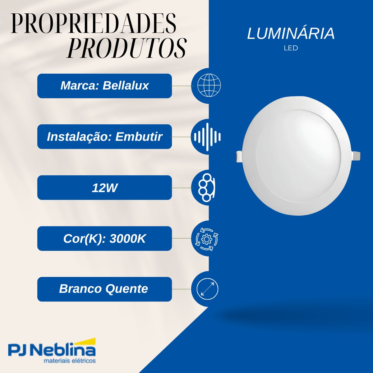 Luminária Painel Led Embutir Red Bc 12W Bivolt 3000K Branco Quente 900Lm Difusor Poliestireno - Bellalux