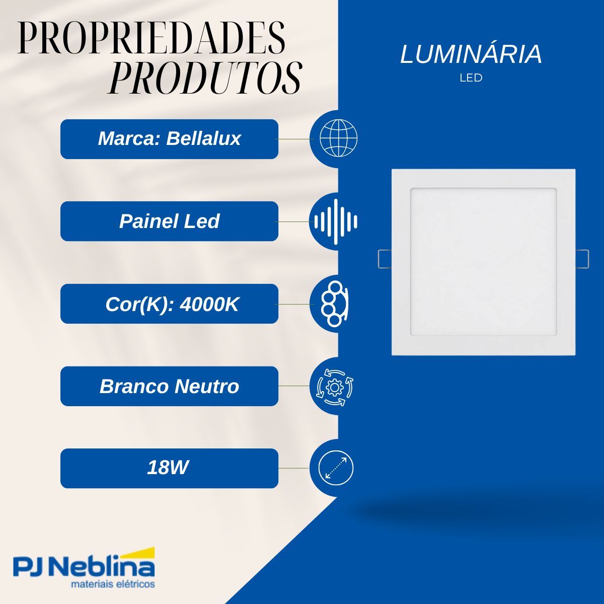 Luminária Painel Led Embutir Quadrado Branco 18W Bivolt 4000K Branco Neutro 1440Lm Difusor Poliestireno - Bellalux