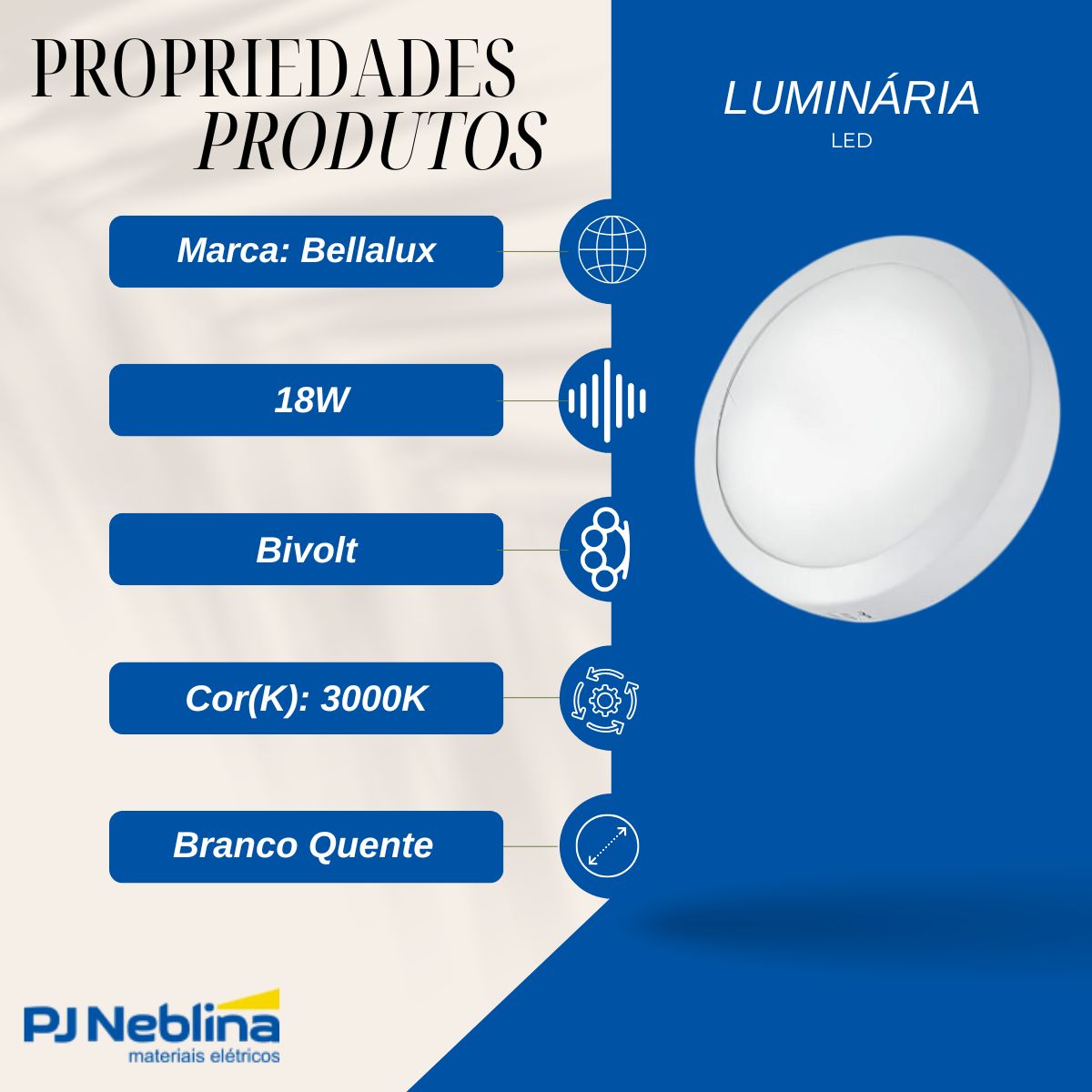 Luminária Plafon Led Sobrepor Redondo Branco 18W Bivolt 3000K Branco Quente 1440Lm Difusor Poliestireno - Bellalux