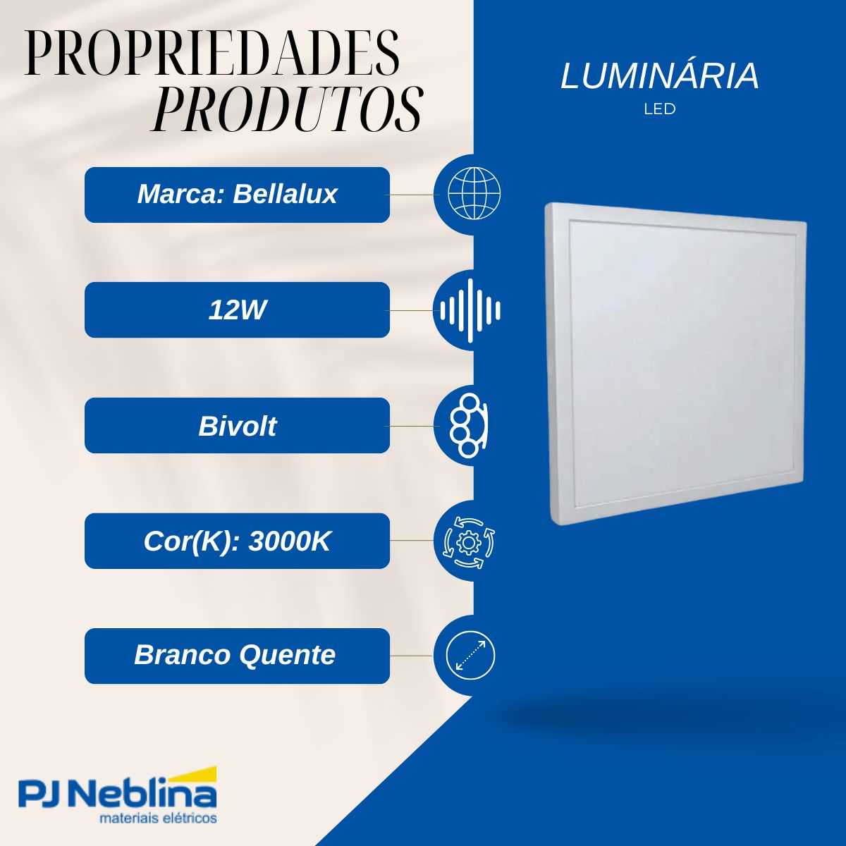 Luminária Plafon Led Sobrepor Quadrado Branco 12W Bivolt 4000K Branco Neutro 900Lm Difusor Poliestireno - Bellalux