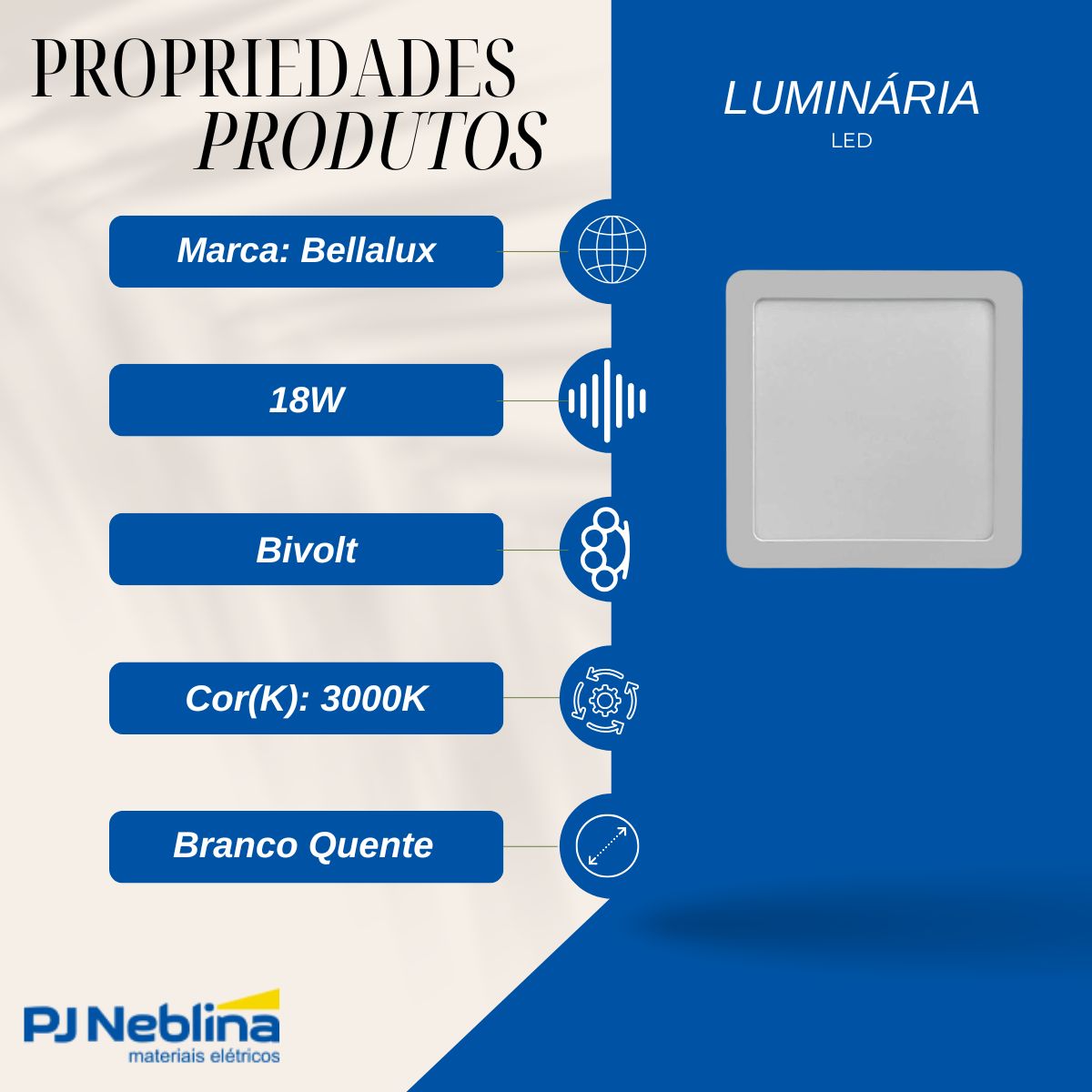 Luminária Plafon Led Sobrepor Quadrado Branco 18W Bivolt 3000K Branco Quente 1440Lm Difusor Poliestireno - Bellalux