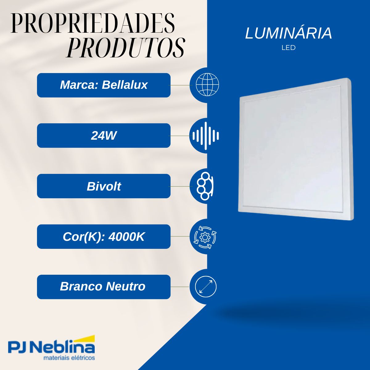 Luminária Plafon Led Sobrepor Quadrado Branco 24W Bivolt 4000K Branco Neutro 1920Lm Difusor Poliestireno - Bellalux
