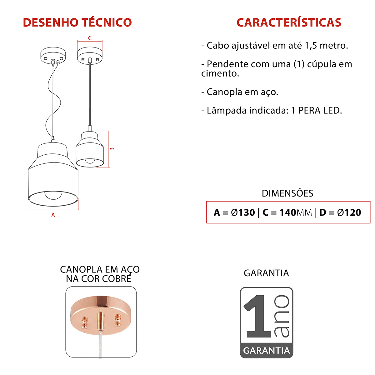 Luminária Pendente Stove Cobre E27 Bivolt 14x13Cm Deluxe - Avant