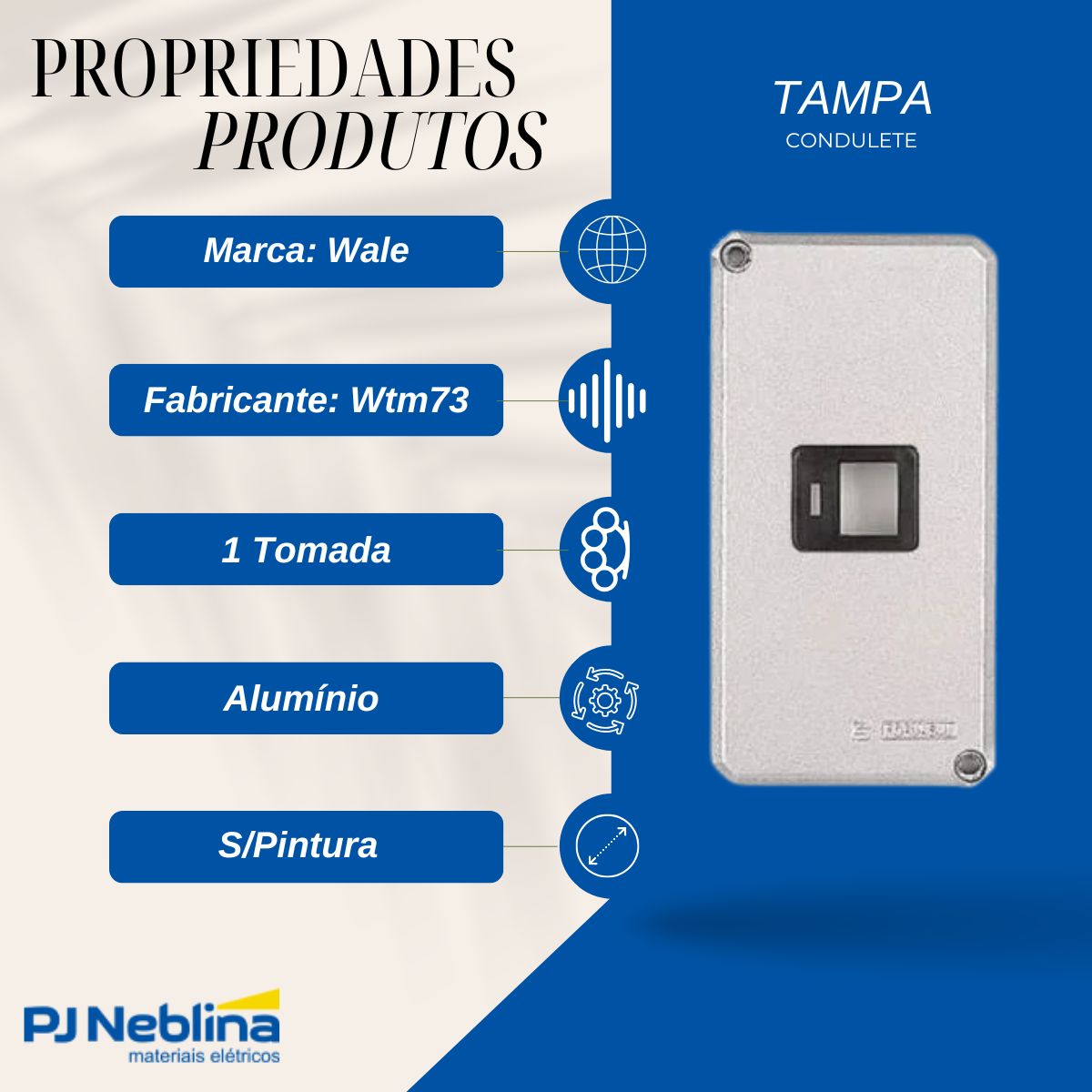 Tampa Condulete 1 Tom Rj45 Alumínio 1Pol S/Pintura S/Vedação - Wale