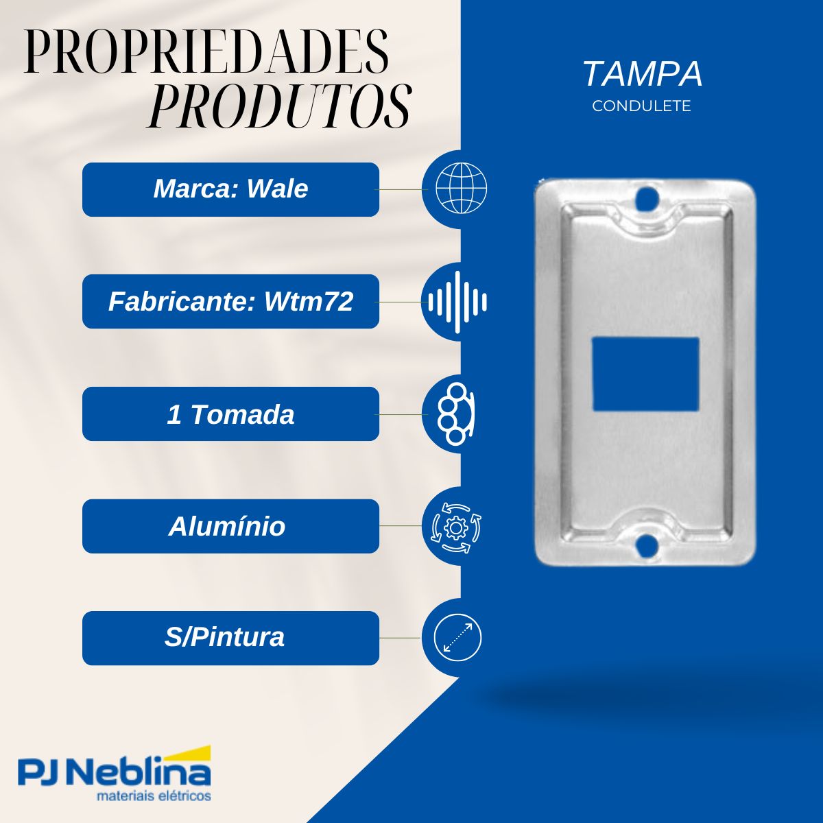 Tampa Condulete 1 Tom Rj45 Alumínio 1/2-3/4 S/Pintura S/Vedação - Wale