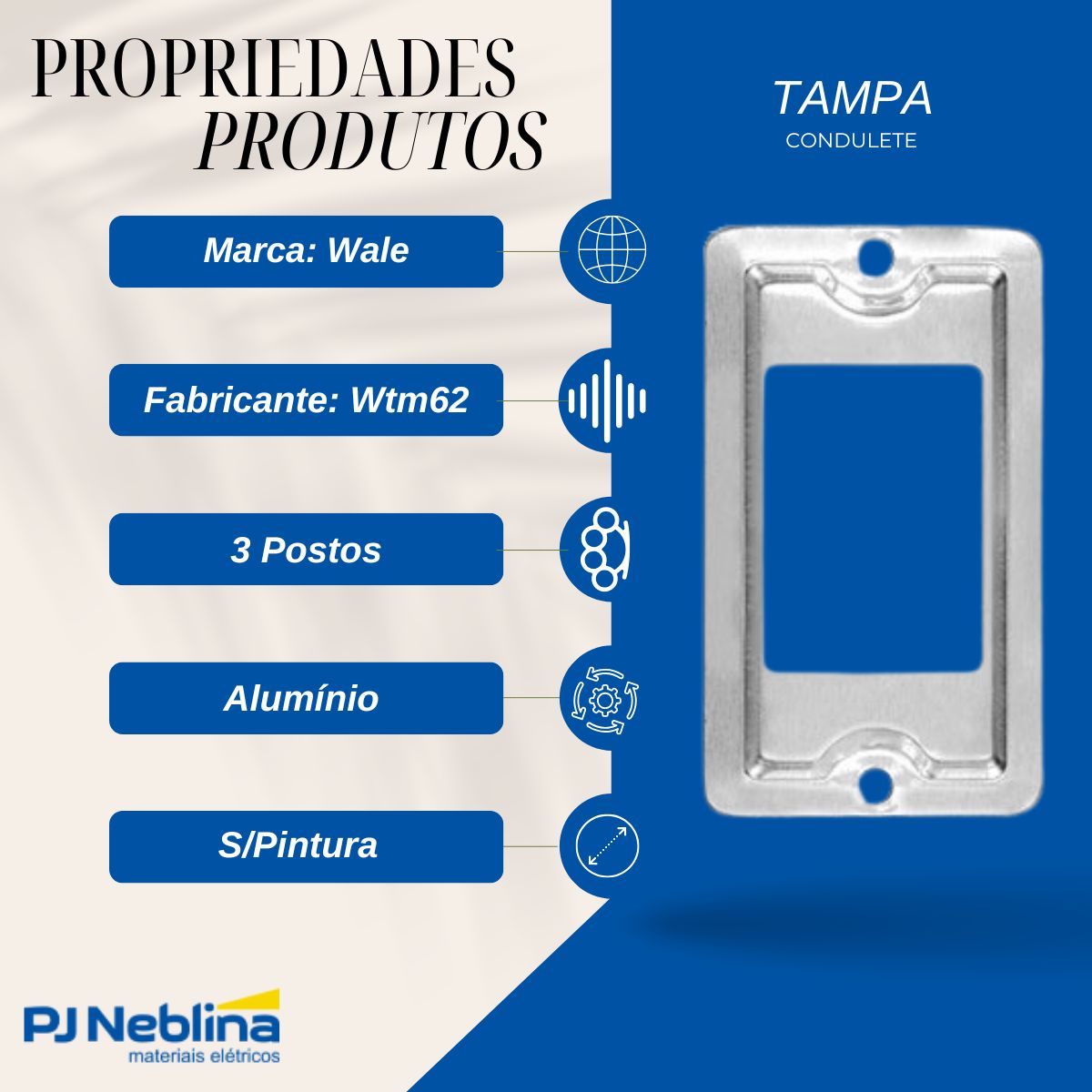 Tampa Condulete 3 Postos Alumínio 1/2-3/4 S/Pintura S/Vedação - Wale