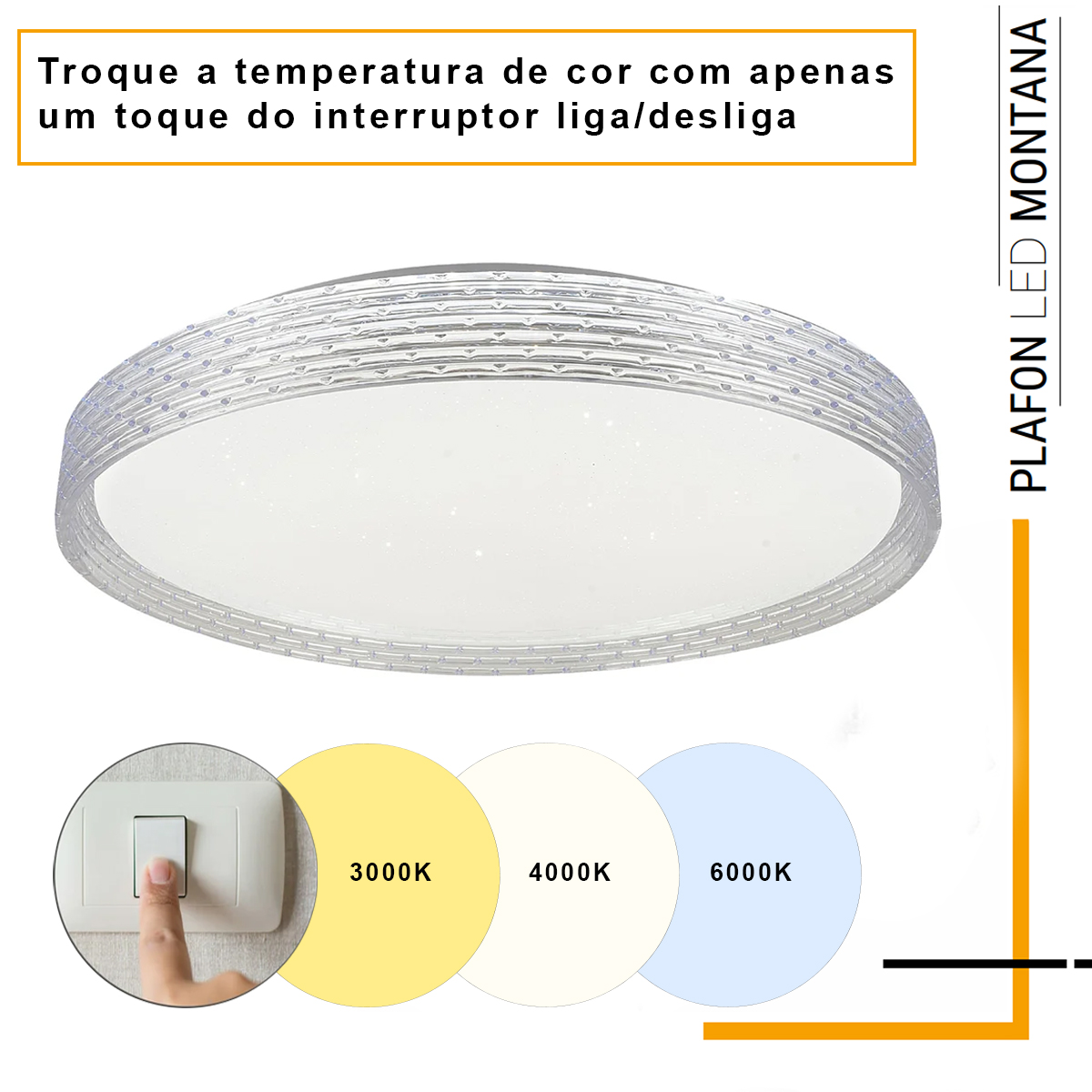 Luminária Plafon Led Sobrepor Montana Branco 48/96W Bivolt Luz Amarela/Branca 3000/6000K 3840Lm - Hevvy