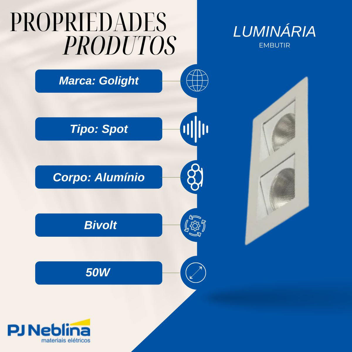Luminária Spot Embutir Quadrado Branco P/Lâmpada Par20 50W 2Xe27 Bivolt Foco Direcionável/Recuado - Golight