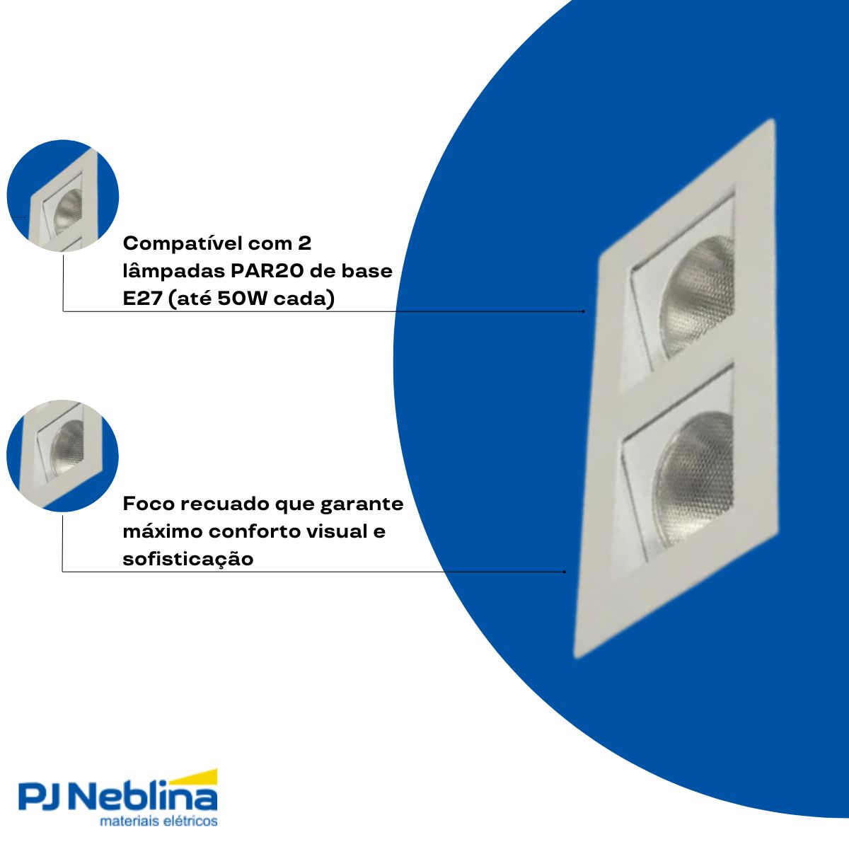 Luminária Spot Embutir Quadrado Branco P/Lâmpada Par20 50W 2Xe27 Bivolt Foco Direcionável/Recuado - Golight