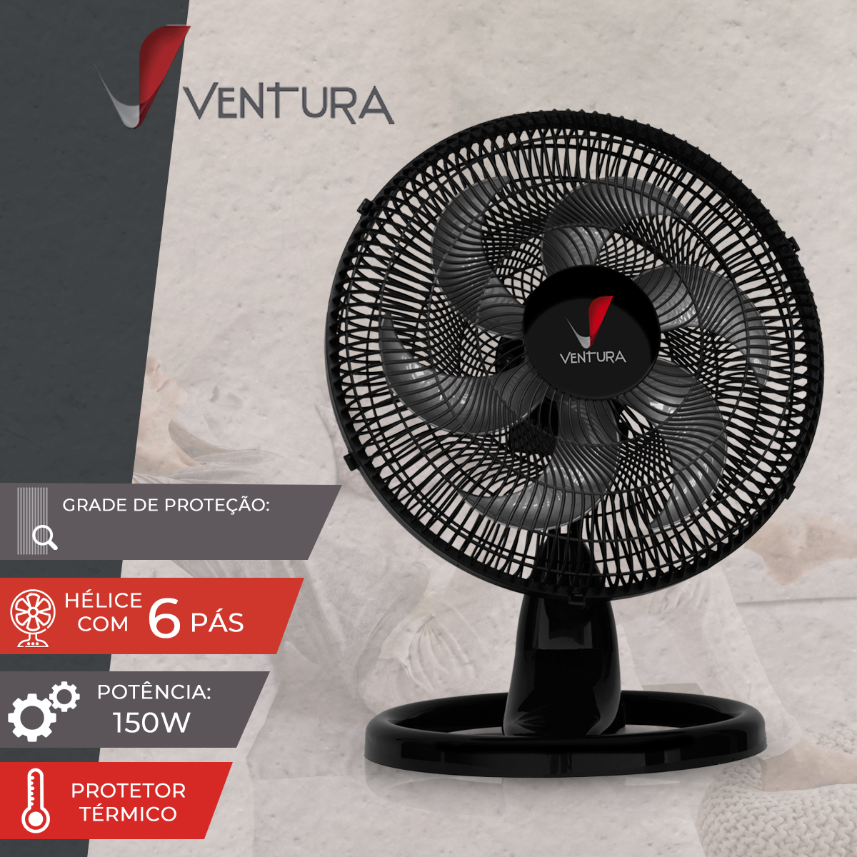 Ventilador De Mesa/Parede Ventura Bivolt 150W 50Cm 6 Pás Preto 77-5437 - Venti Delt