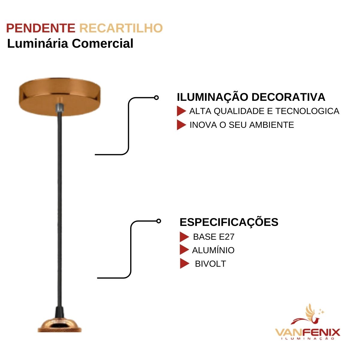 Luminária Pendente Recartilho Cobre E27 Bivolt 6,1x1,7Cm 2220 Vanfenix
