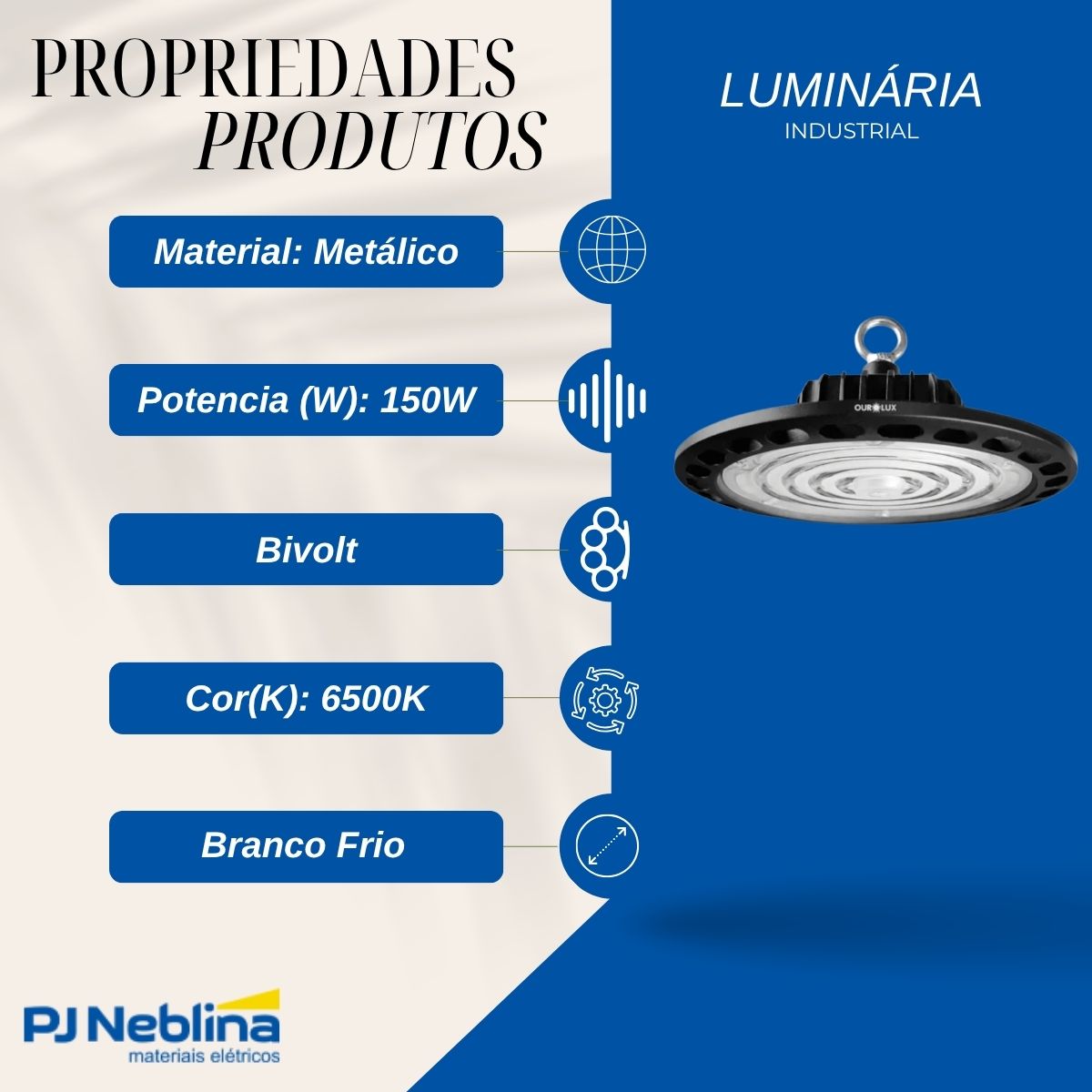 Luminária Industrial Highbay Led Sobrepor Pt 150W Bivolt 6500K Branco Frio 22500Lm Dif Termoplástico - Ourolux