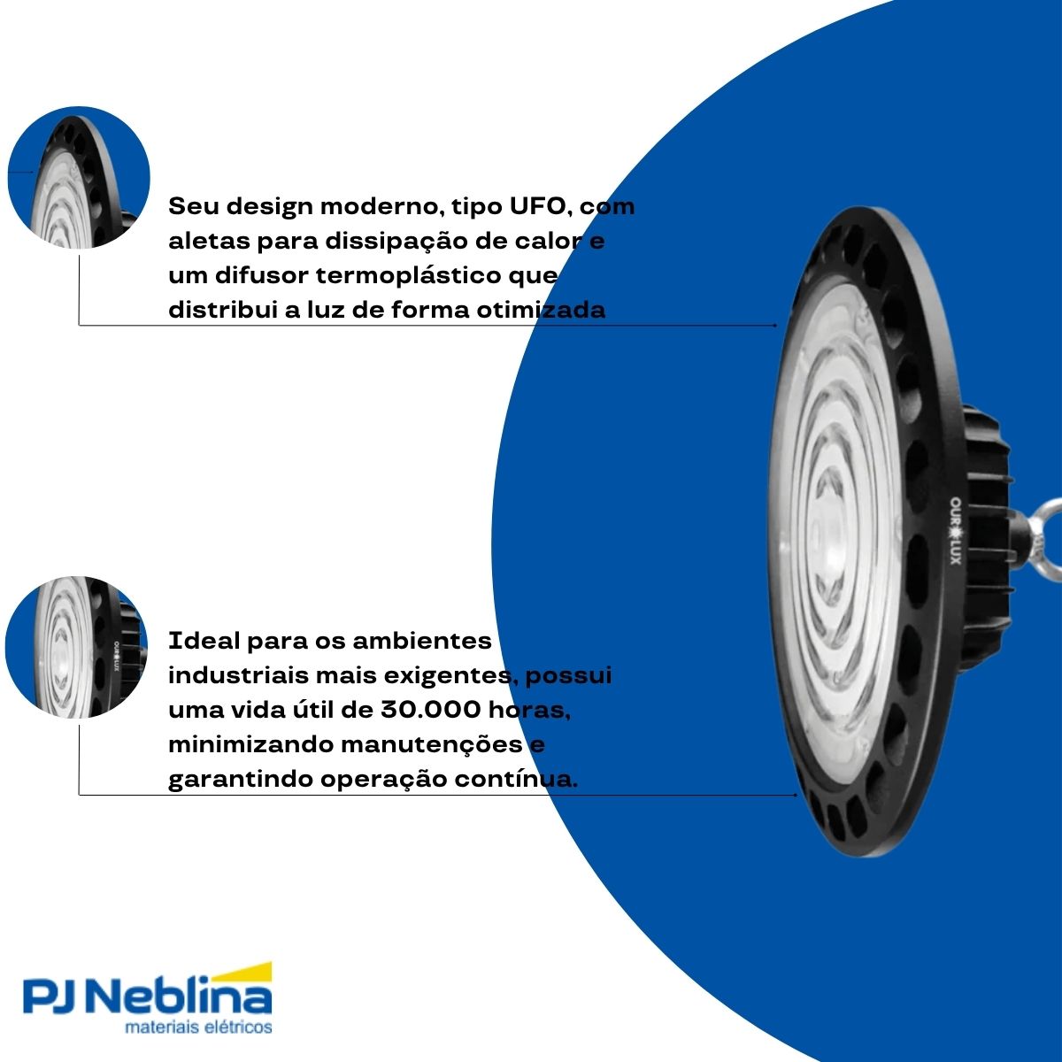 Luminária Industrial Highbay Led Sobrepor Pt 150W Bivolt 6500K Branco Frio 22500Lm Dif Termoplástico - Ourolux
