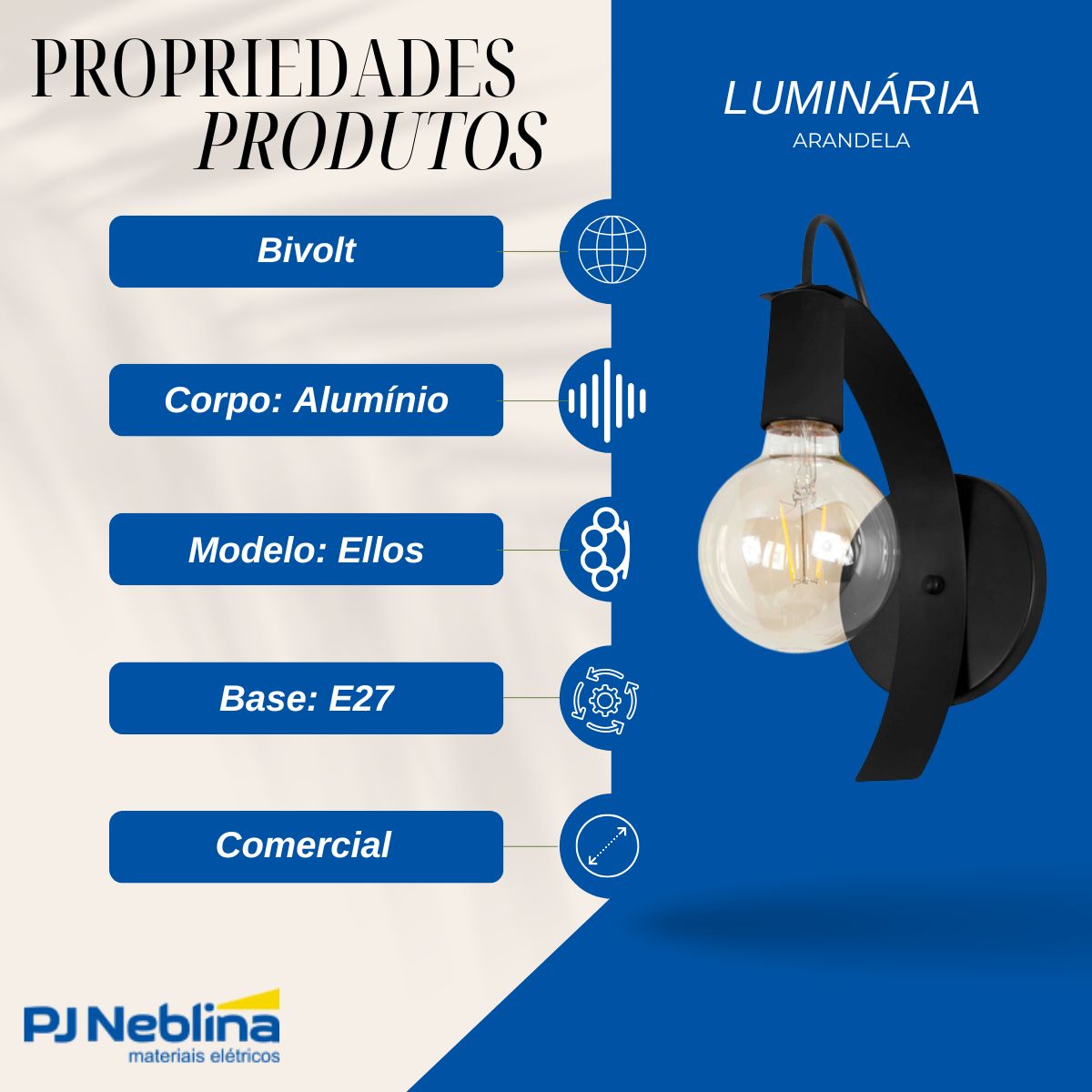 Luminária Arandela Ellos Preto E27 Bivolt - Spotline