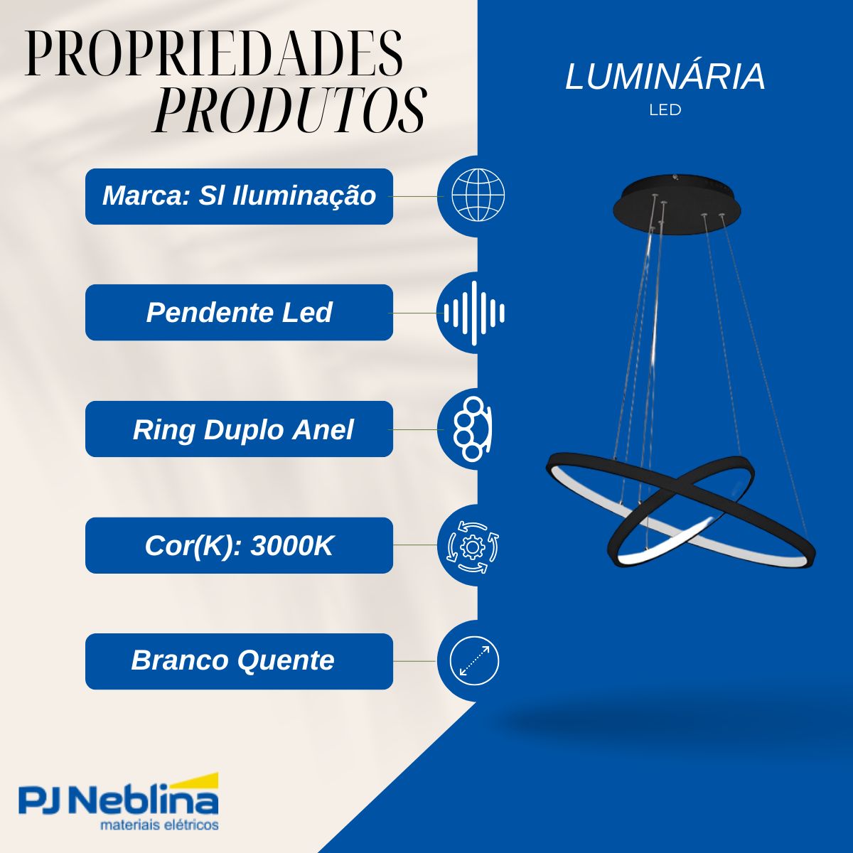 Luminária Pendente Led Ring Duplo Anel Preto 60W Bivolt 3000K Branco Quente 5000Lm - Sl Iluminação