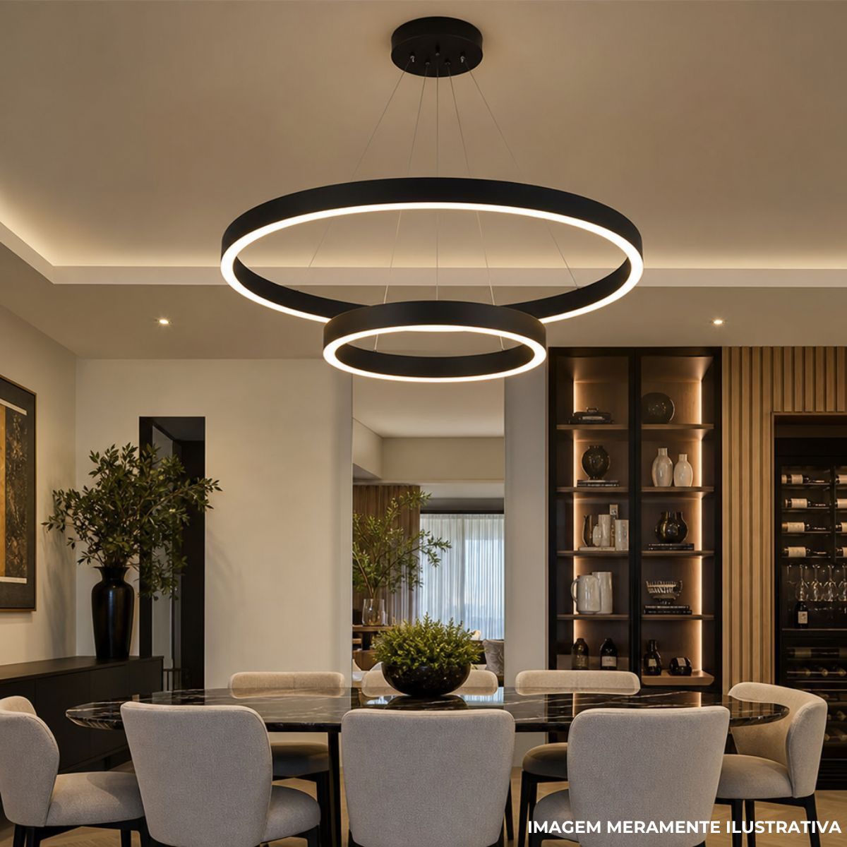 Luminária Pendente Led Ring Duplo Anel Preto 60W Bivolt 3000K Branco Quente 5000Lm - Sl Iluminação