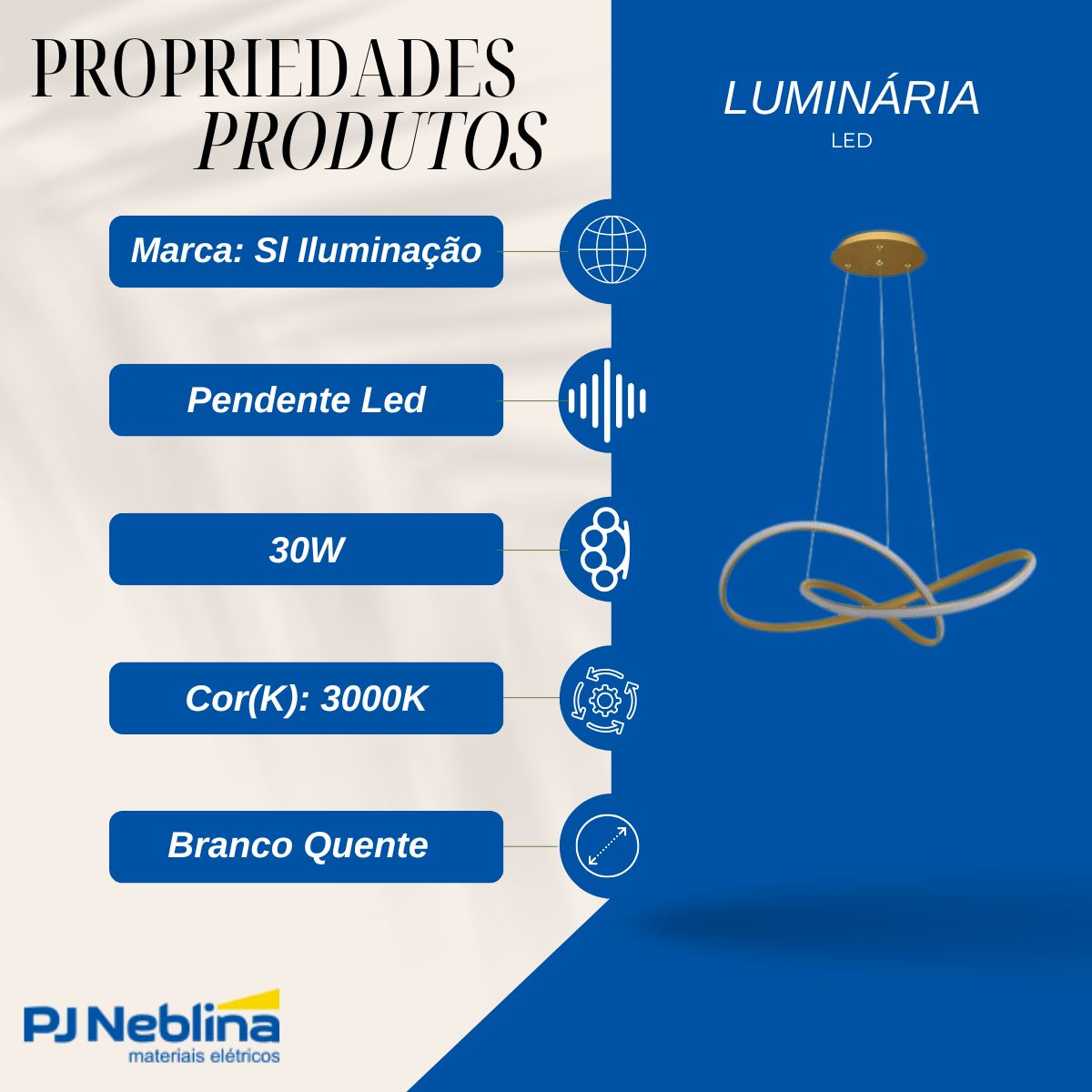 Luminária Pendente Led Trilha Dourado 30W Bivolt 3000K Branco Quente 2700Lm - Sl Iluminação