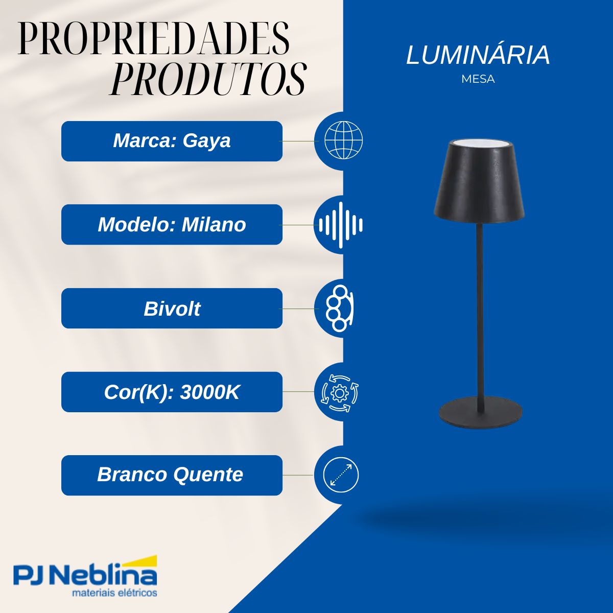 Luminária Mesa Led Milano Preto 3W Bivolt 3000K Branco Quente Dimerizavel - Gaya