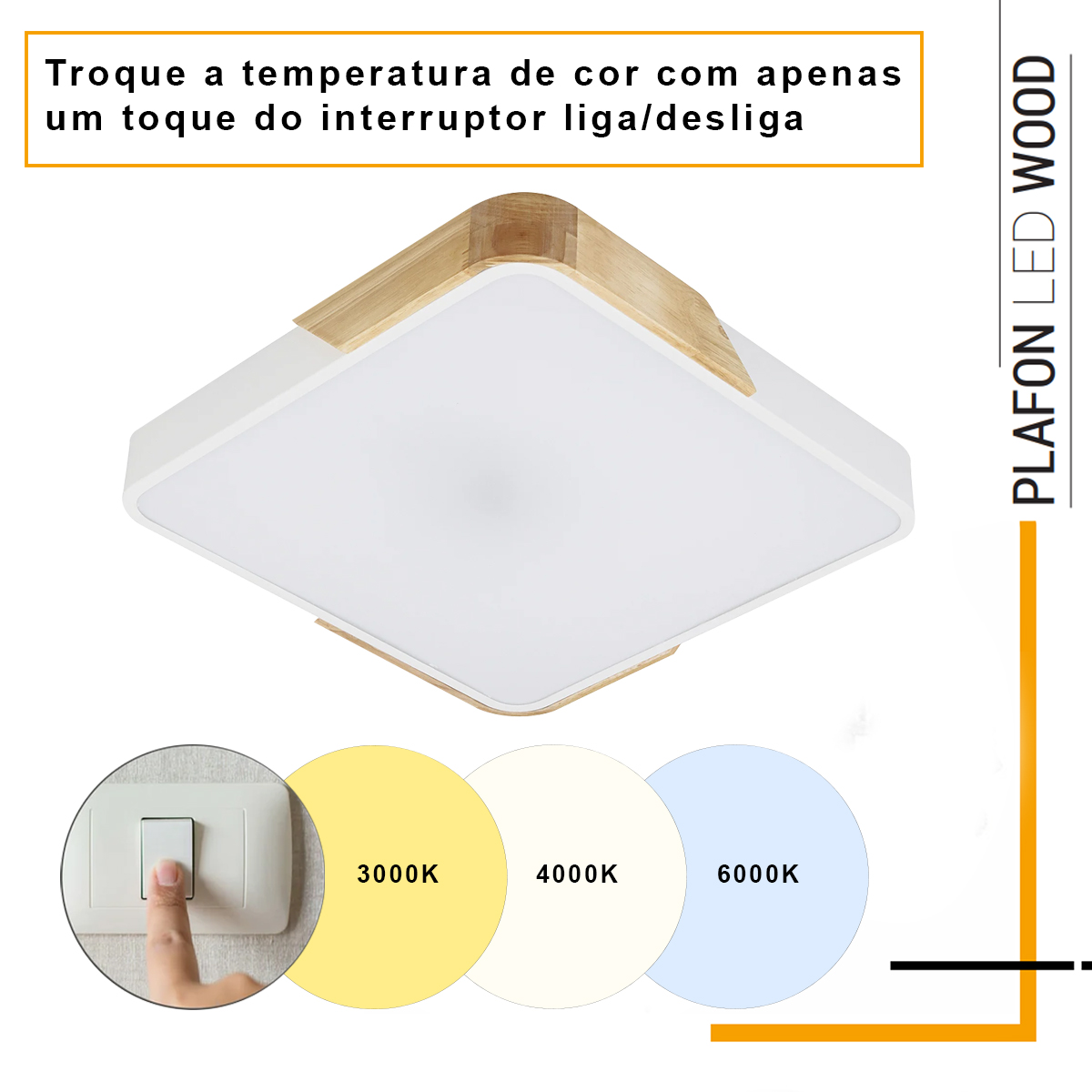 Luminária Plafon Led Sobrepor Wood 48/96W Bivolt Luz Amarela/Neutra/Branca 3000/4000/6000K - Hevvy