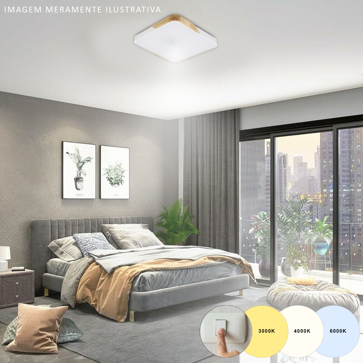 Luminária Plafon Led Sobrepor Wood 48/96W Bivolt Luz Amarela/Neutra/Branca 3000/4000/6000K - Hevvy